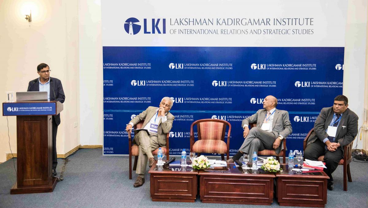 Dr. Ganeshan Wignaraja, Chair of the Global Economy Programme at LKI presenting on International Trade and Foreign Investment. Dr. Rohan Samarajiva chaired this session on 'A Foreign Policy for Nat